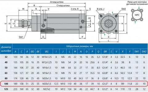 Пневмоцилиндр D=100 H=250