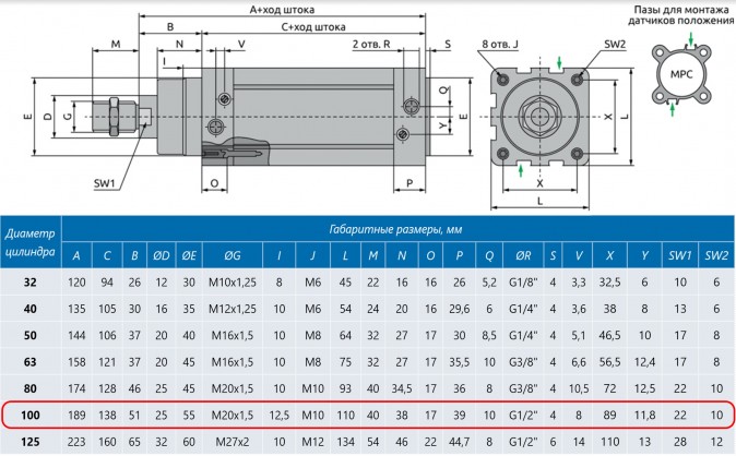 Пневмоцилиндр D=100 H=250